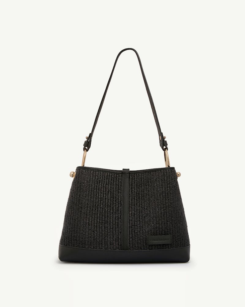 Black raffia hobo bag with single shoulder strap, leather base and gold hardware.