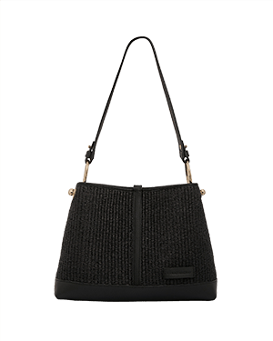 Black raffia hobo bag with single shoulder strap and leather base trim.
