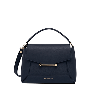 Navy Strathberry mosaic bag with top handle and gold bar detail
