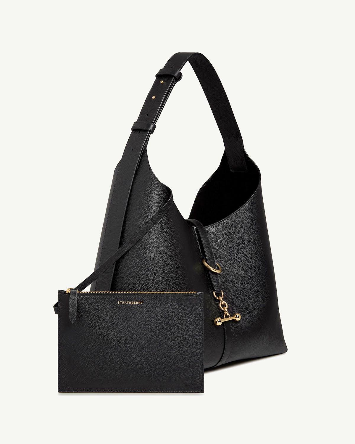 Black Kite Hobo Maxi bag with removable pouch and gold hardware, Strathberry.