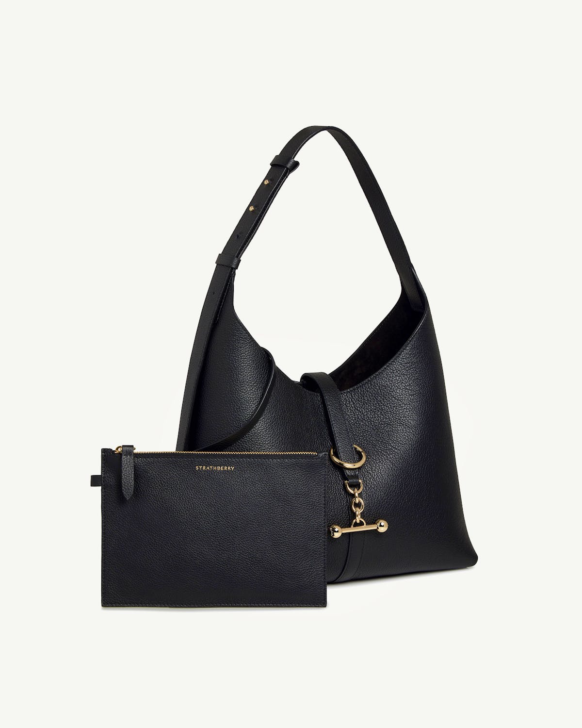 Black pebble leather Kite Hobo with gold hardware and Strathberry zip pouch.