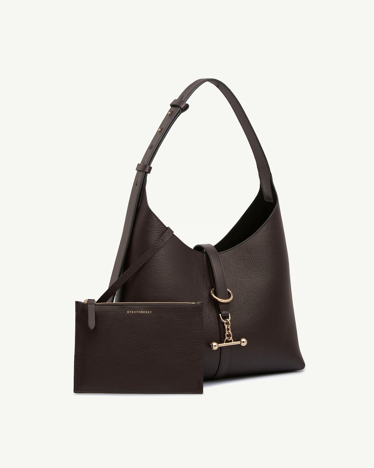 Espresso leather Kite Hobo bag with matching pouch, gold hardware, Strathberry logo