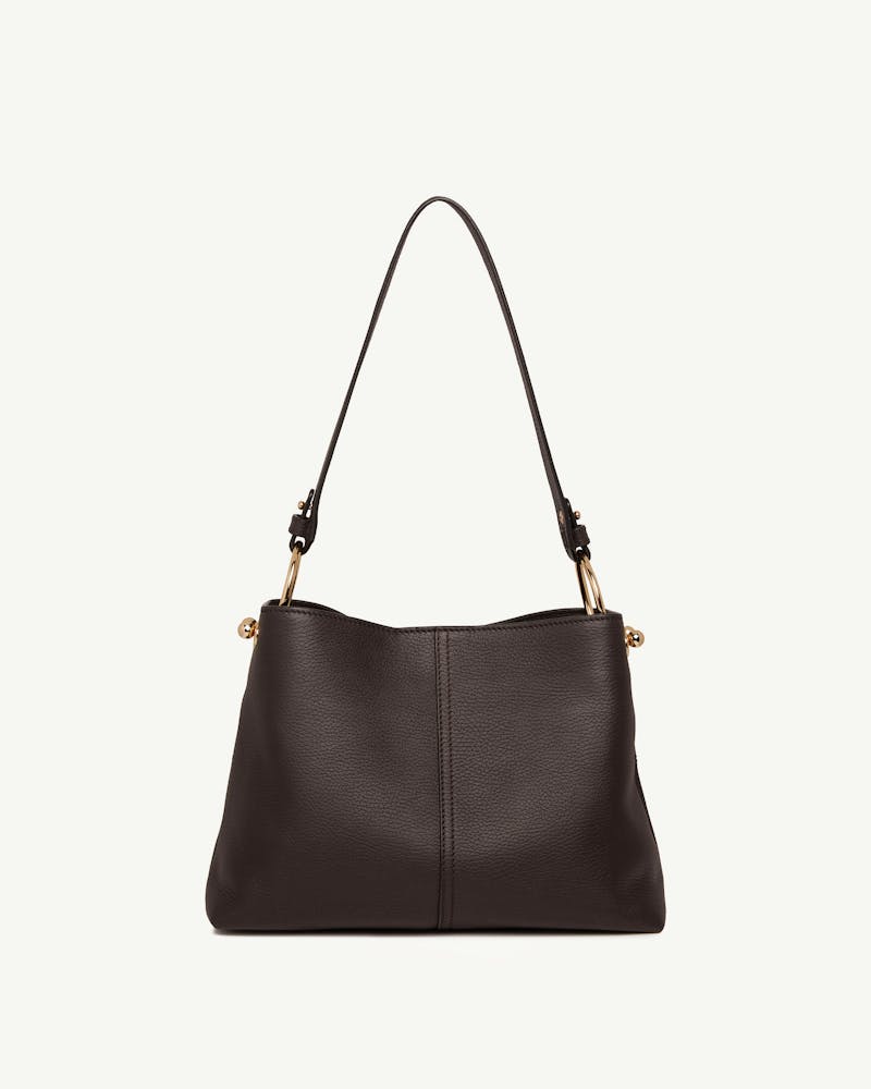 Espresso leather hobo bag with single shoulder strap and gold fittings.