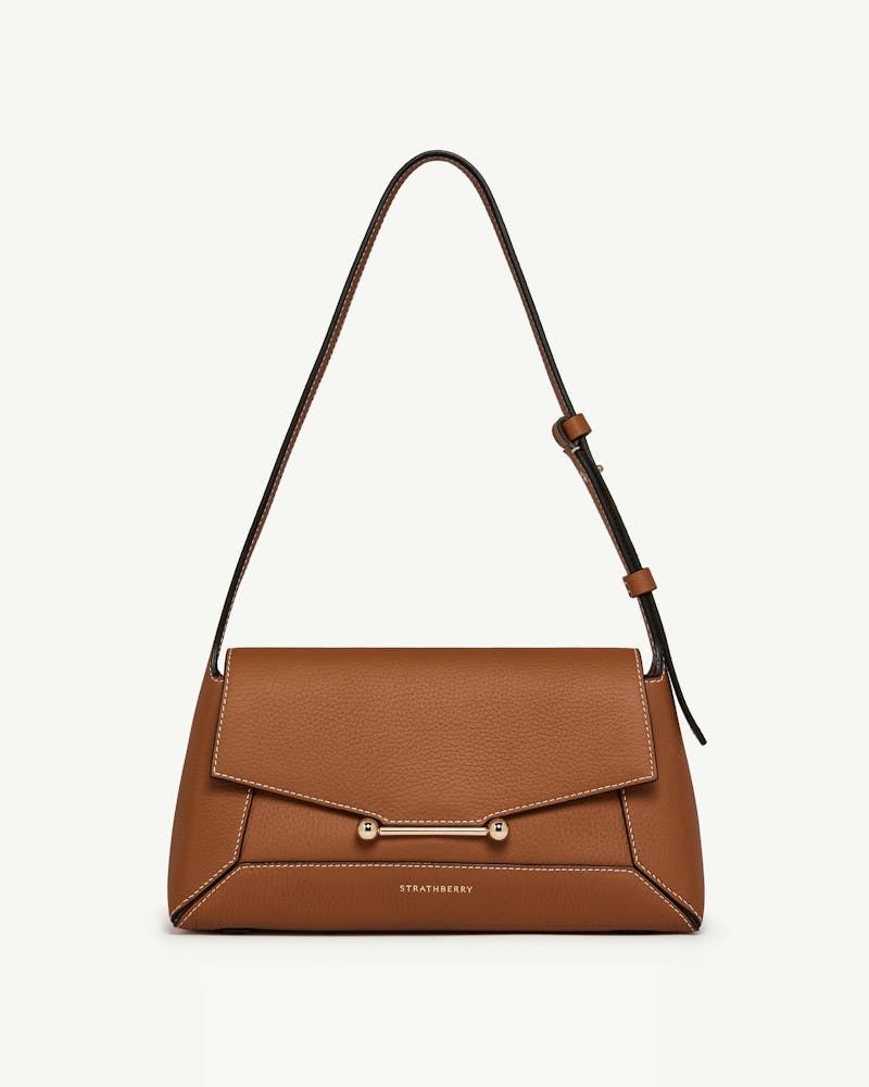 Strathberry tan Mosaic shoulder bag with flap, metal bar detail and shoulder strap.