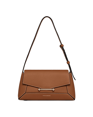 Tan Mosaic Shoulder bag with adjustable shoulder strap, gold bar detail, Strathberry logo.