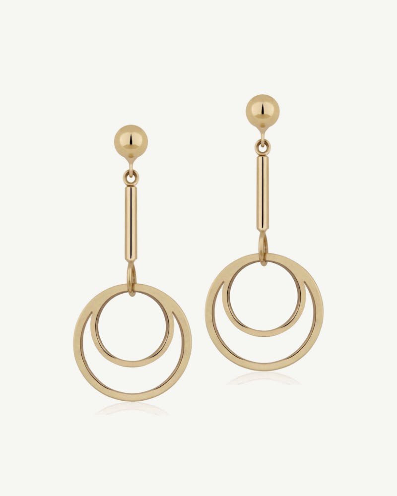 Pair of 22 carat gold-gilded circle drop earrings with two concentric rings.