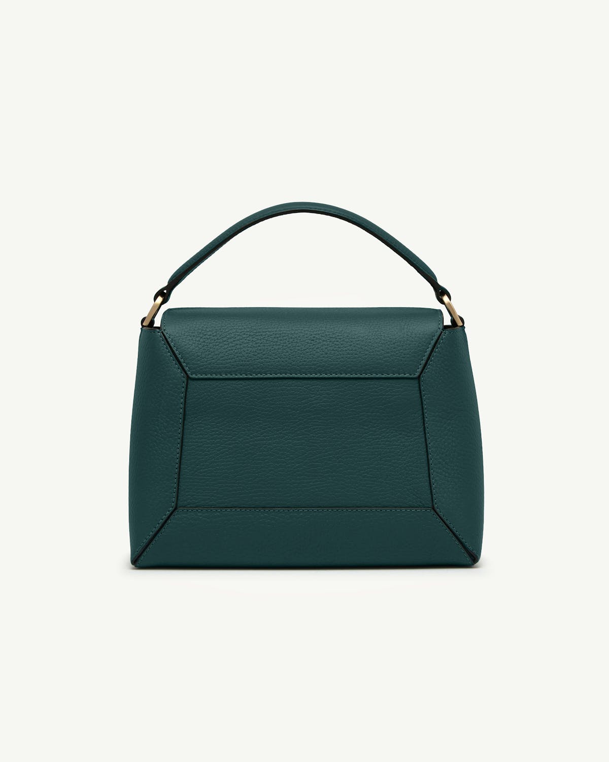 Bottle green mosaic bag with top handle, geometric stitched panels and gold hardware.