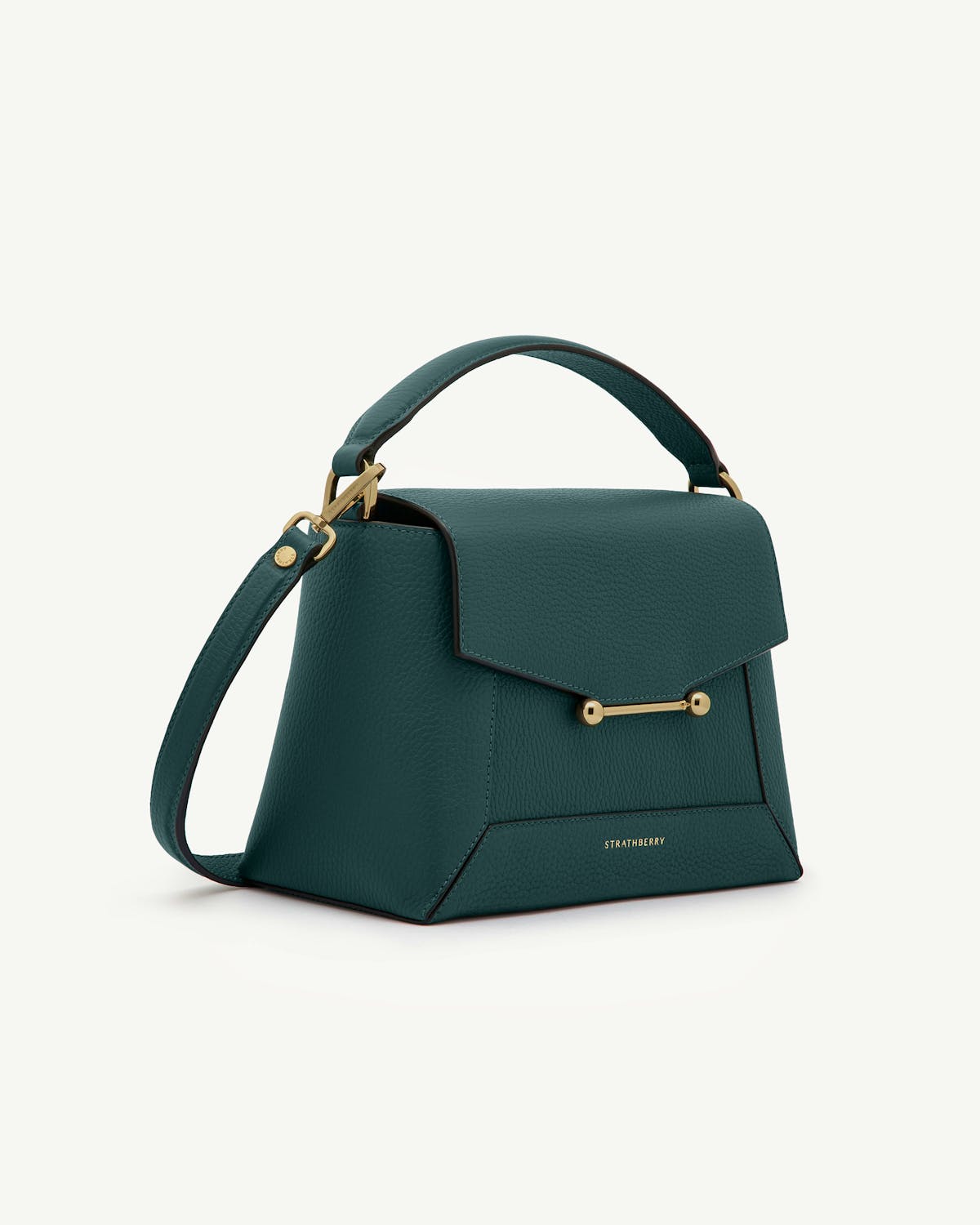 Bottle green Strathberry Mosaic bag with top handle and shoulder strap.