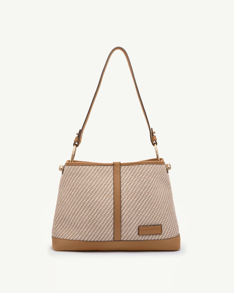 Caramel and natural twill Lana Hobo bag with single shoulder strap and leather trim.