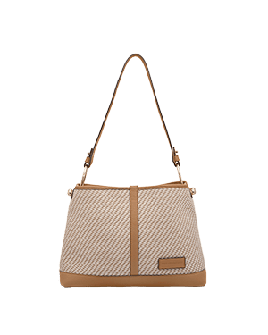 Caramel and natural twill hobo bag with single shoulder strap and leather trim.
