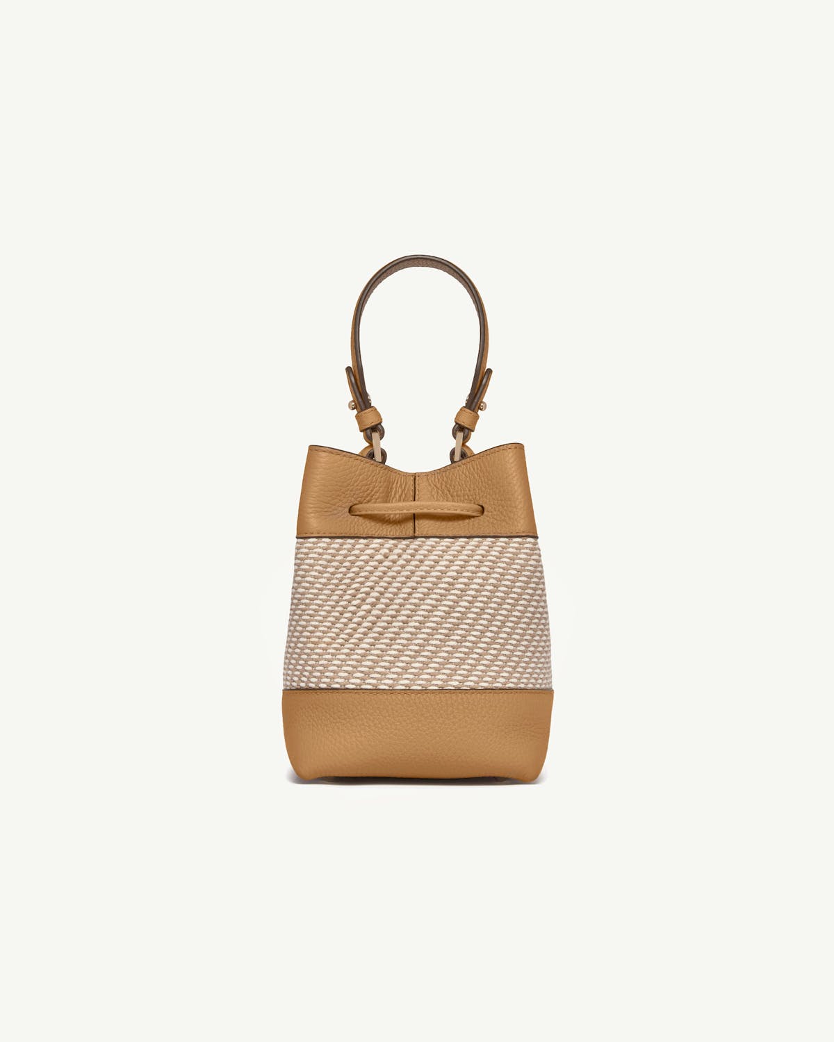 Caramel leather and natural twill bucket bag with single top handle