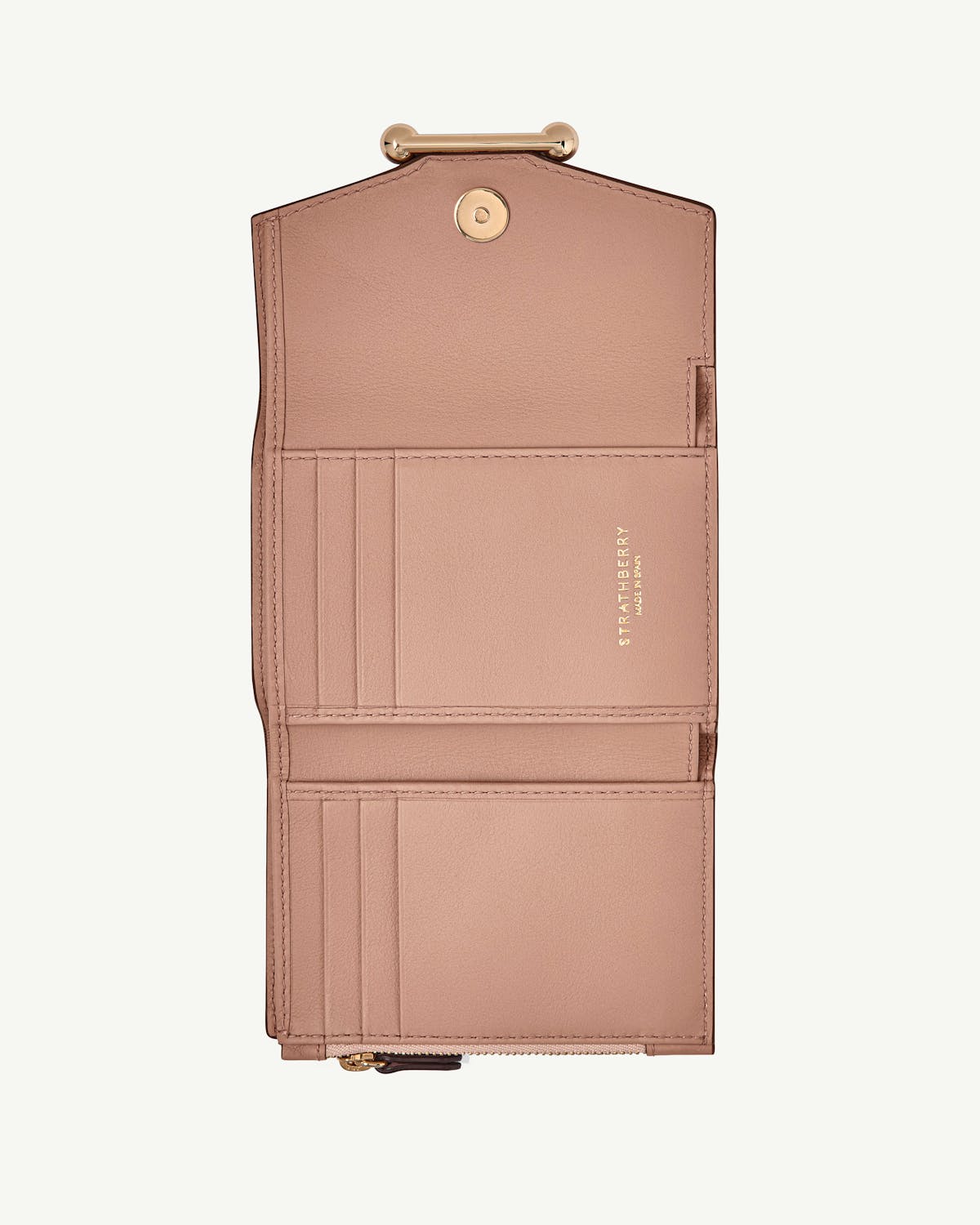 Rose mosaic trifold wallet open showing card slots, zip coin pocket and Strathberry logo.
