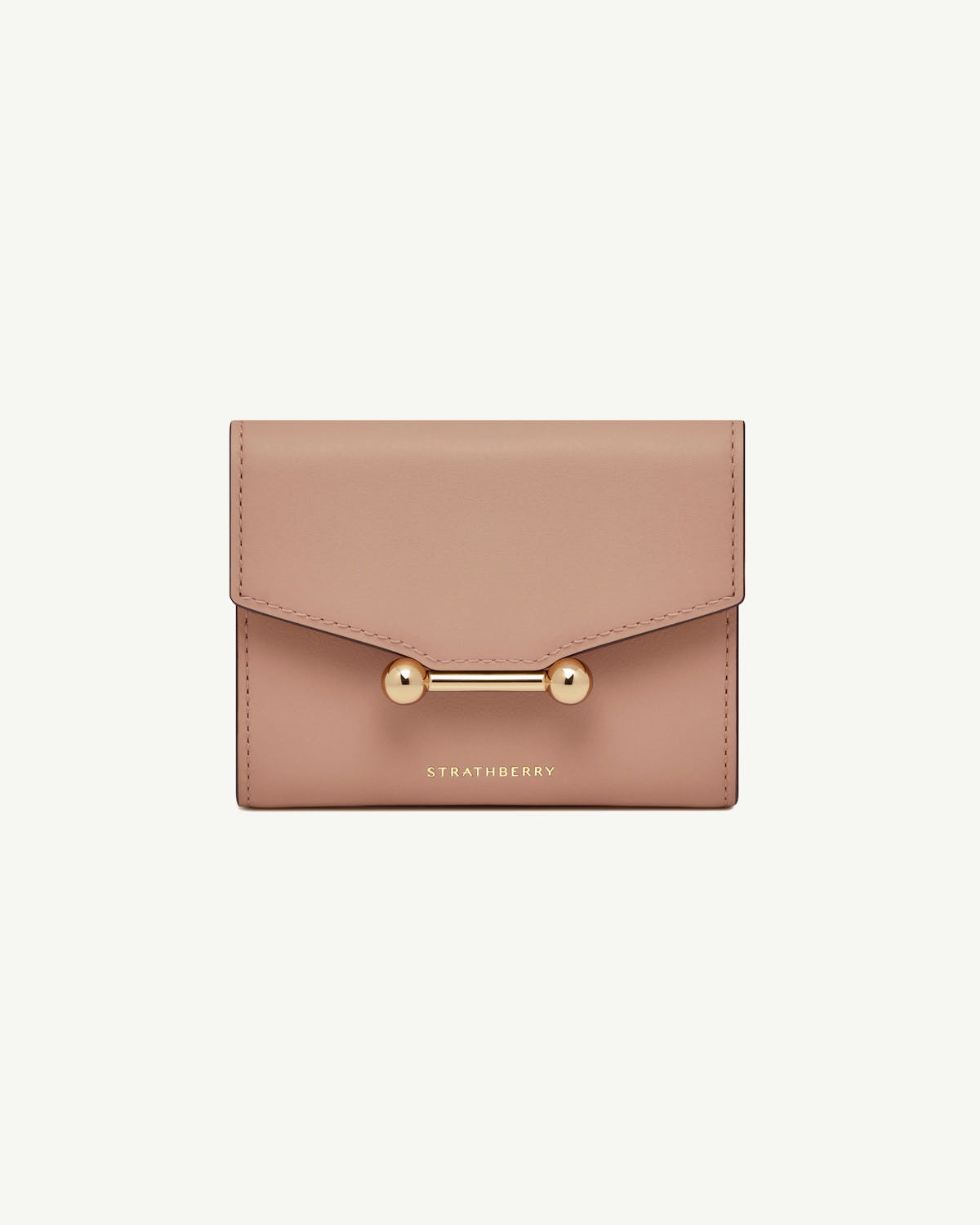 Rose trifold wallet with gold bar closure and Strathberry logo