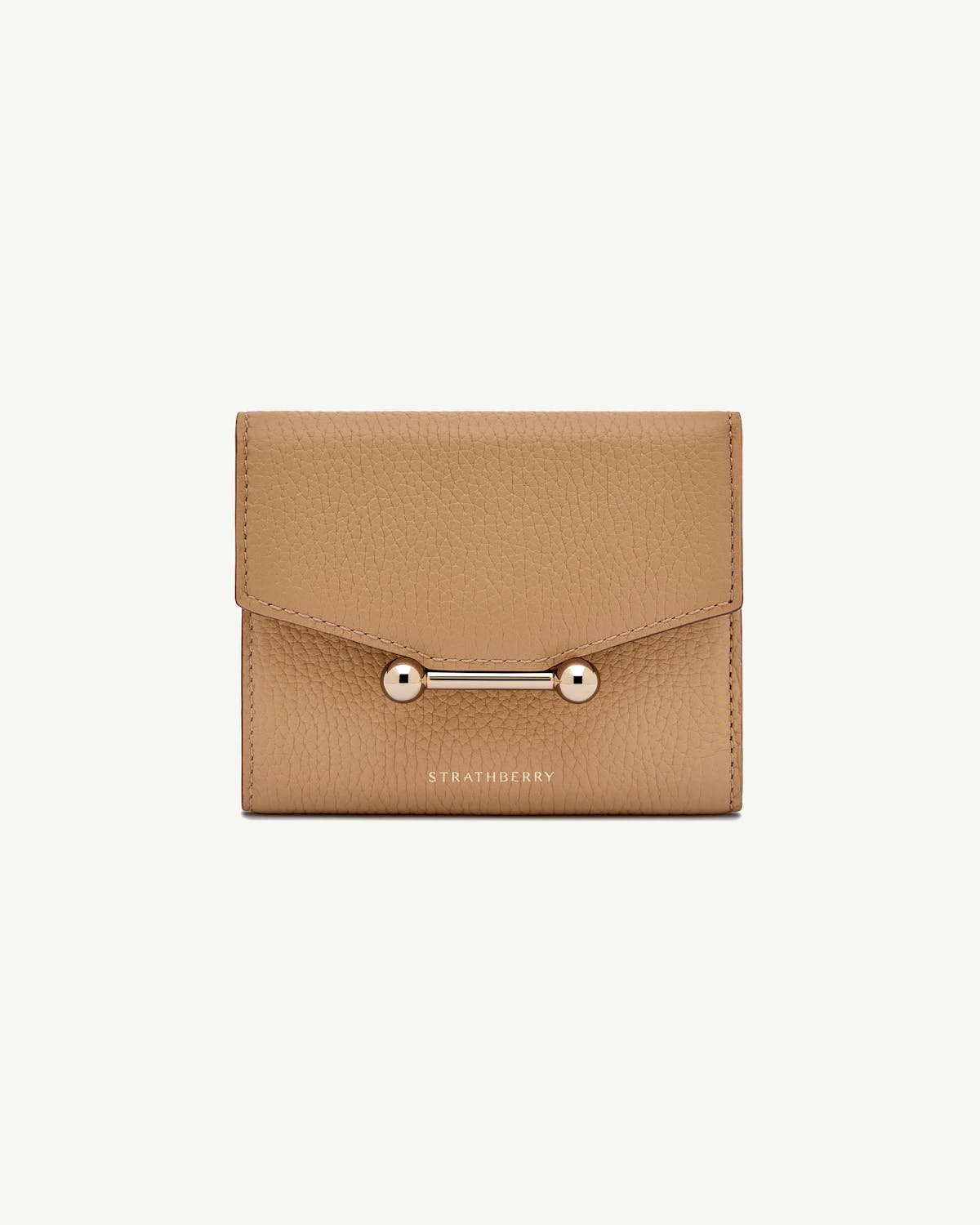 Caramel Strathberry mosaic trifold wallet with gold bar closure and pebbled leather.