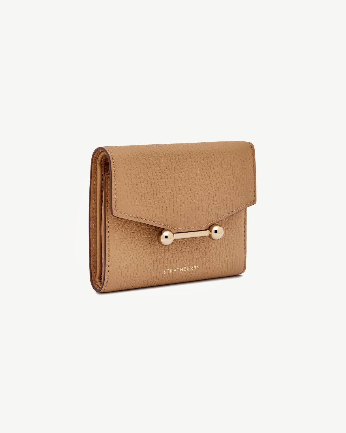 Caramel mosaic trifold wallet with gold bar closure and Strathberry logo