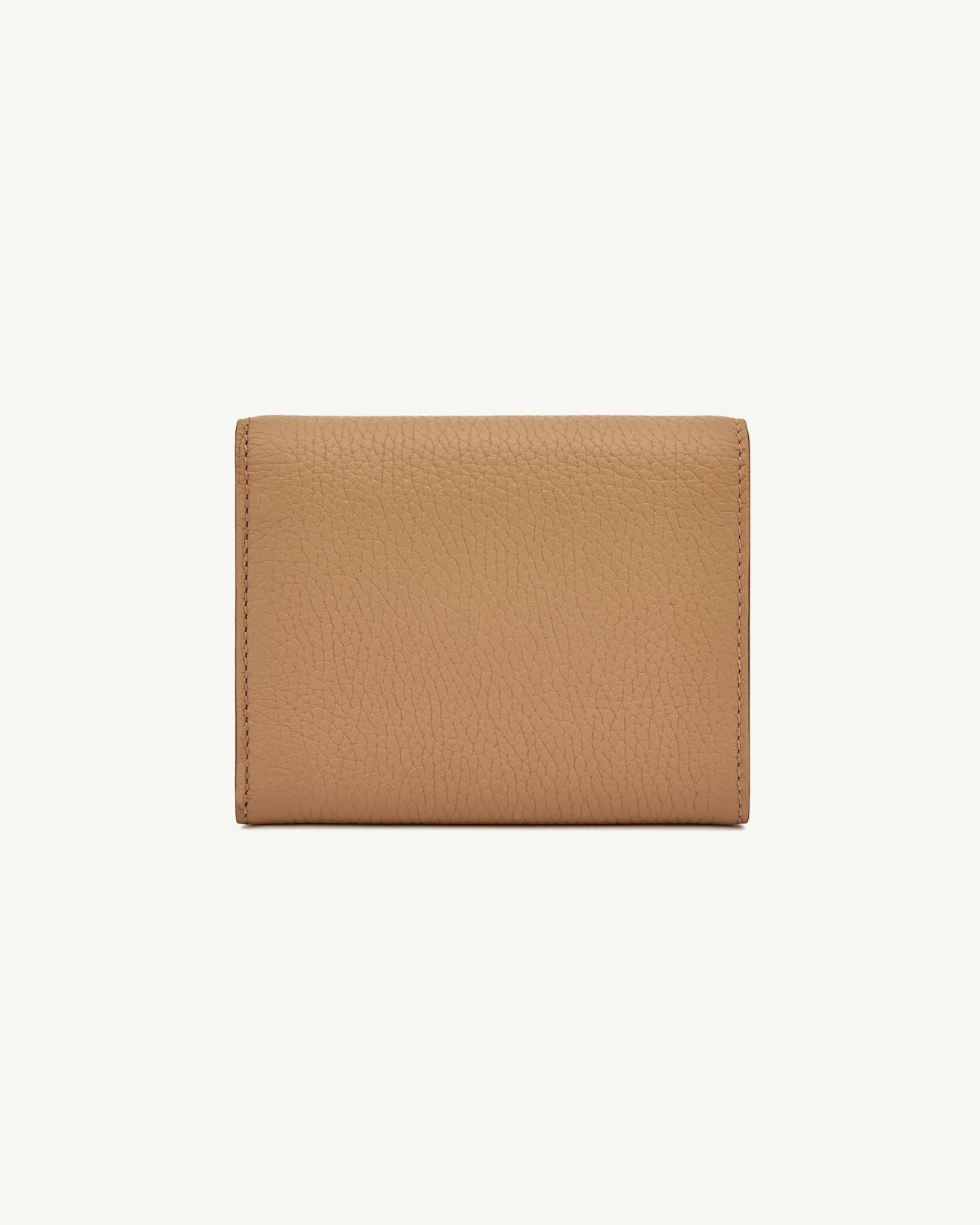Caramel pebbled leather trifold wallet shown closed on white background.