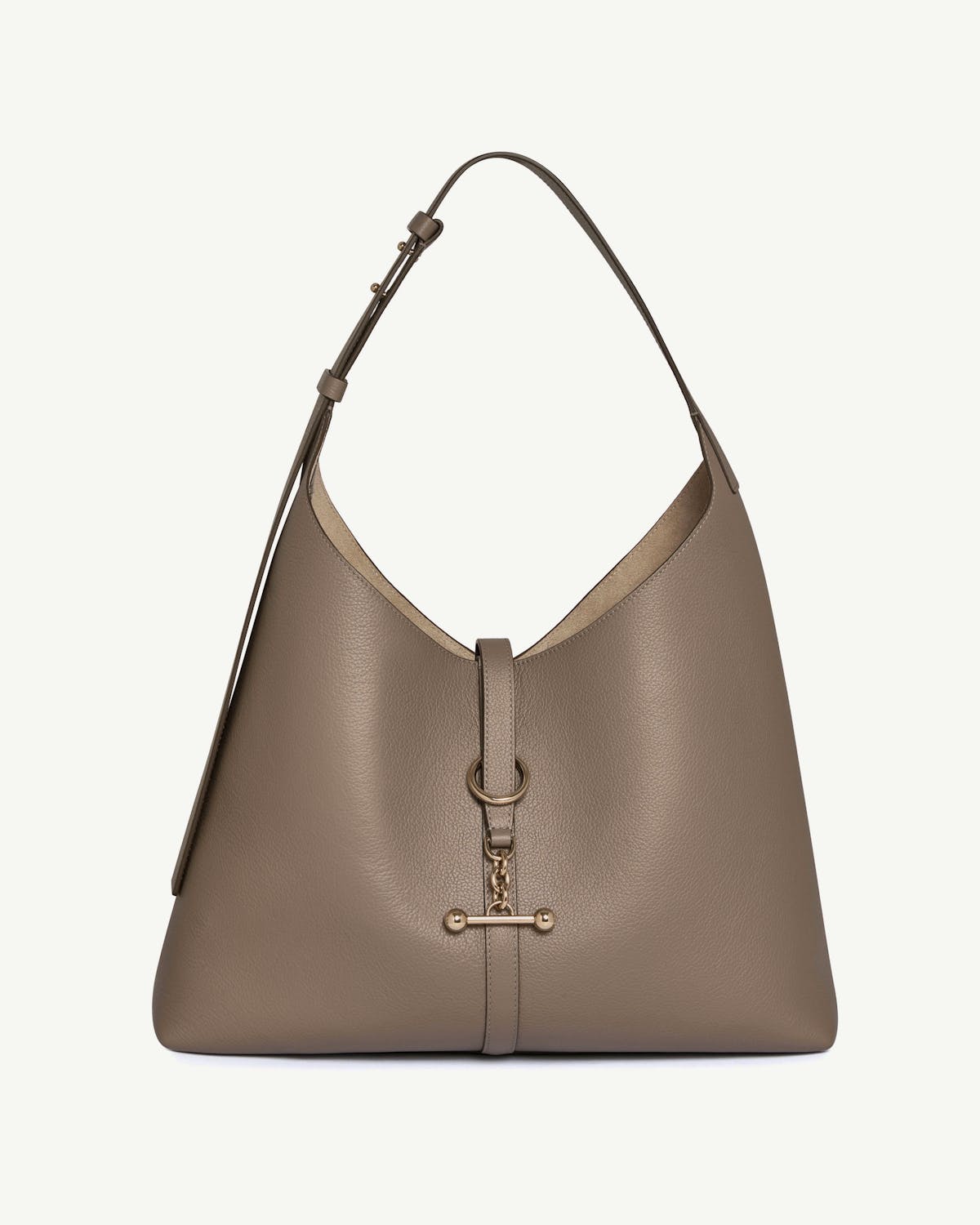 Taupe leather hobo bag with single shoulder strap and gold T-bar hardware.