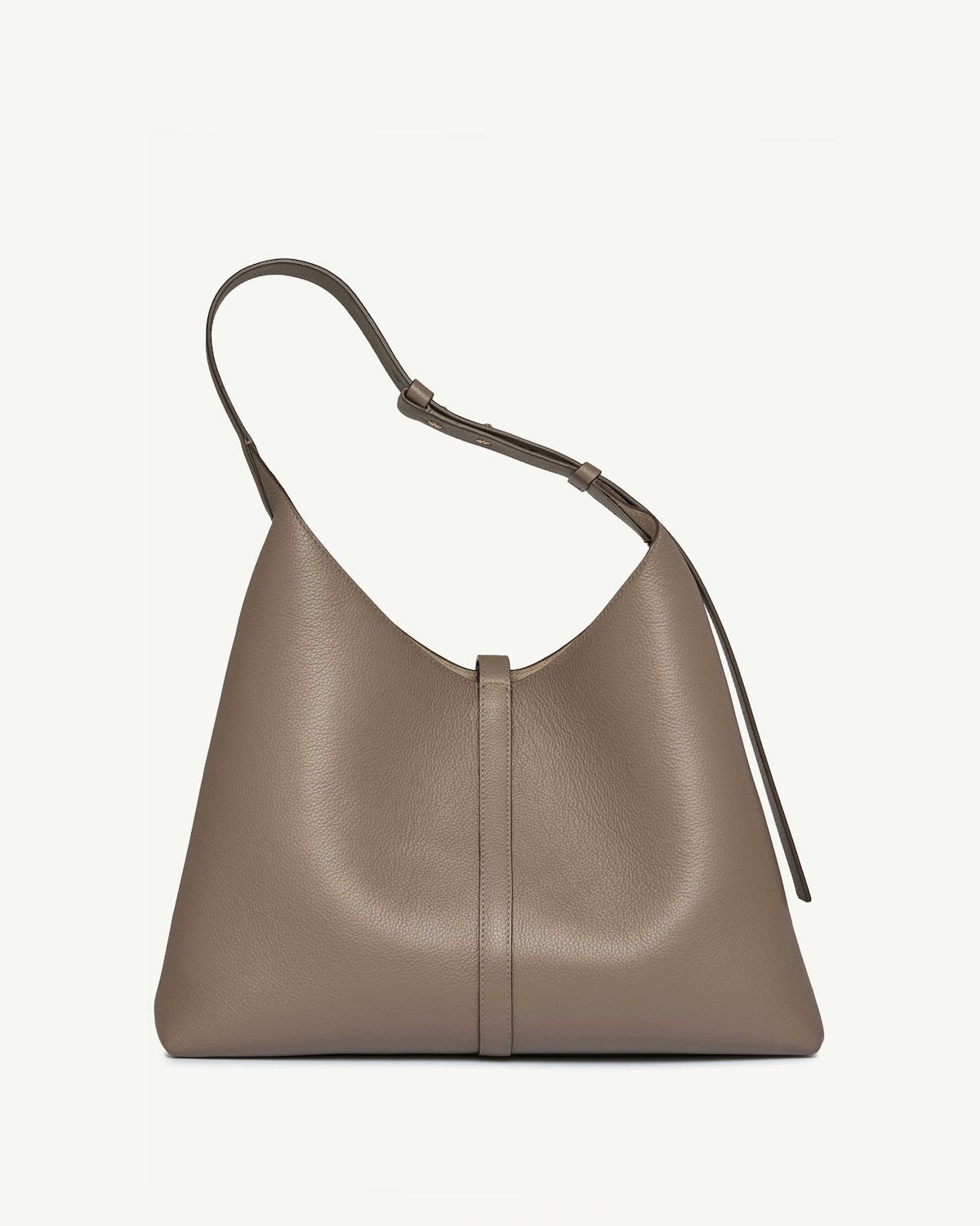 Taupe leather hobo bag with single shoulder strap and central vertical seam