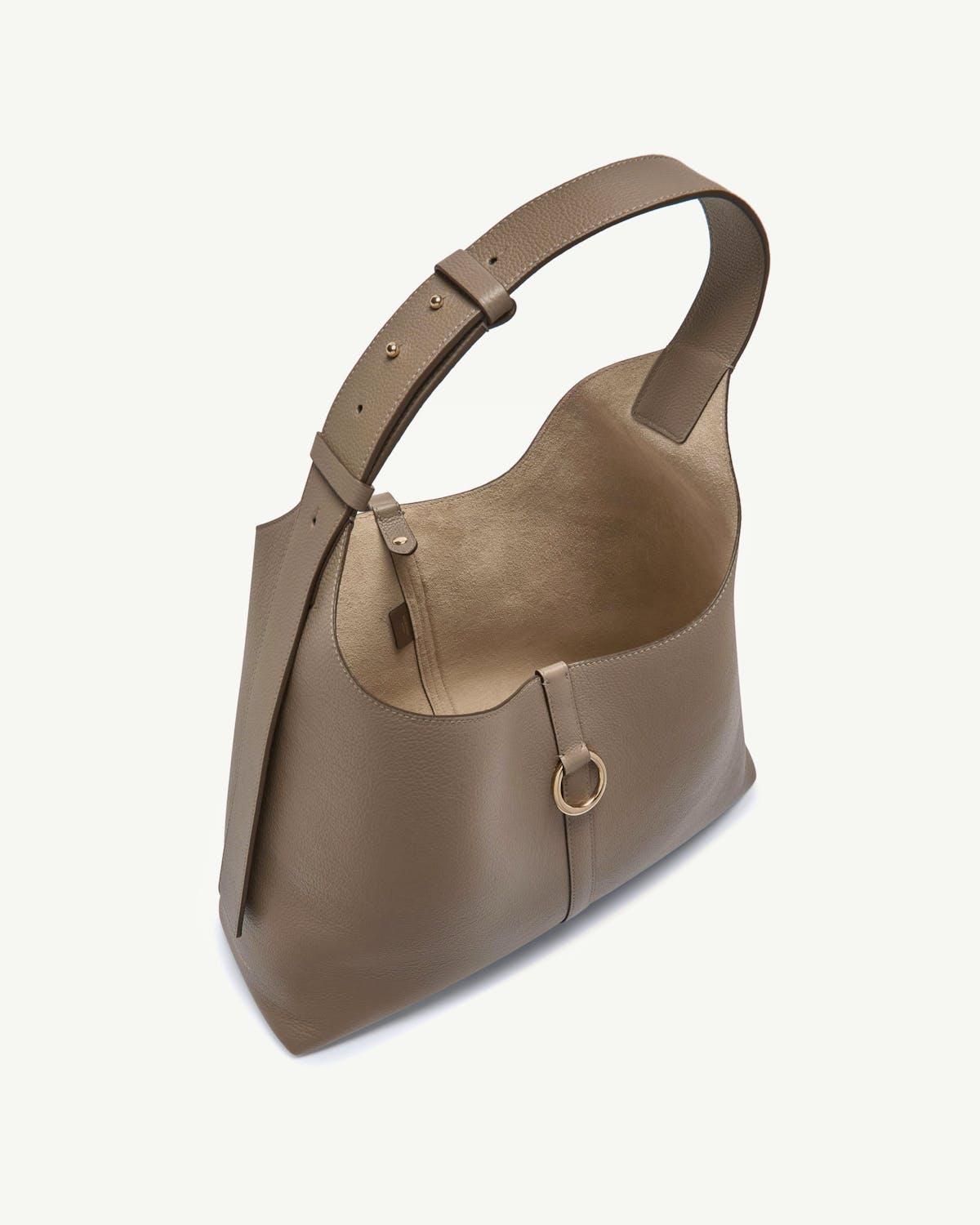 Taupe leather hobo bag with adjustable shoulder strap and metal ring detail