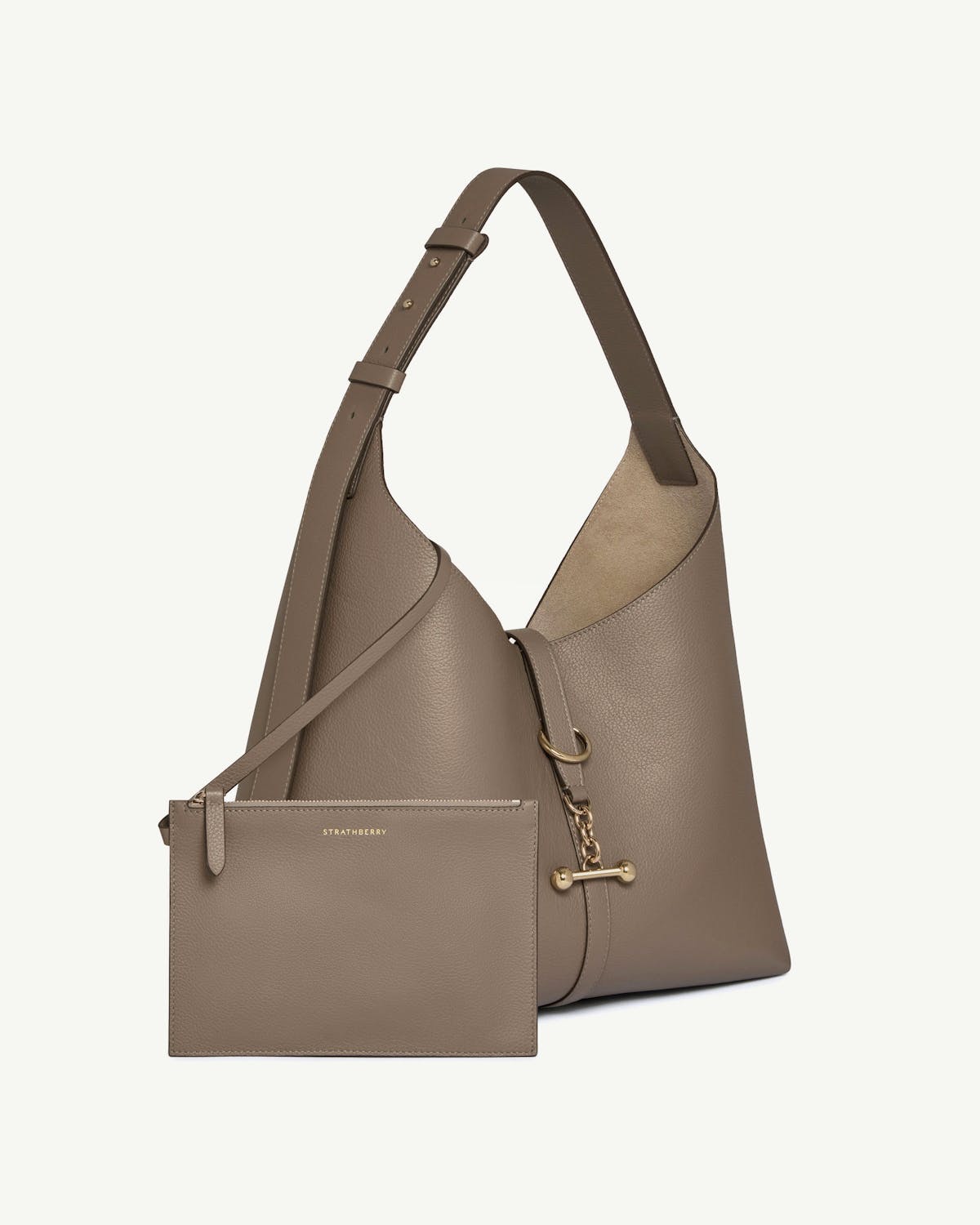 Taupe Kite Hobo Maxi bag with detachable Strathberry pouch and gold hardware.