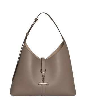 Taupe leather hobo bag with single shoulder strap and front metal bar clasp