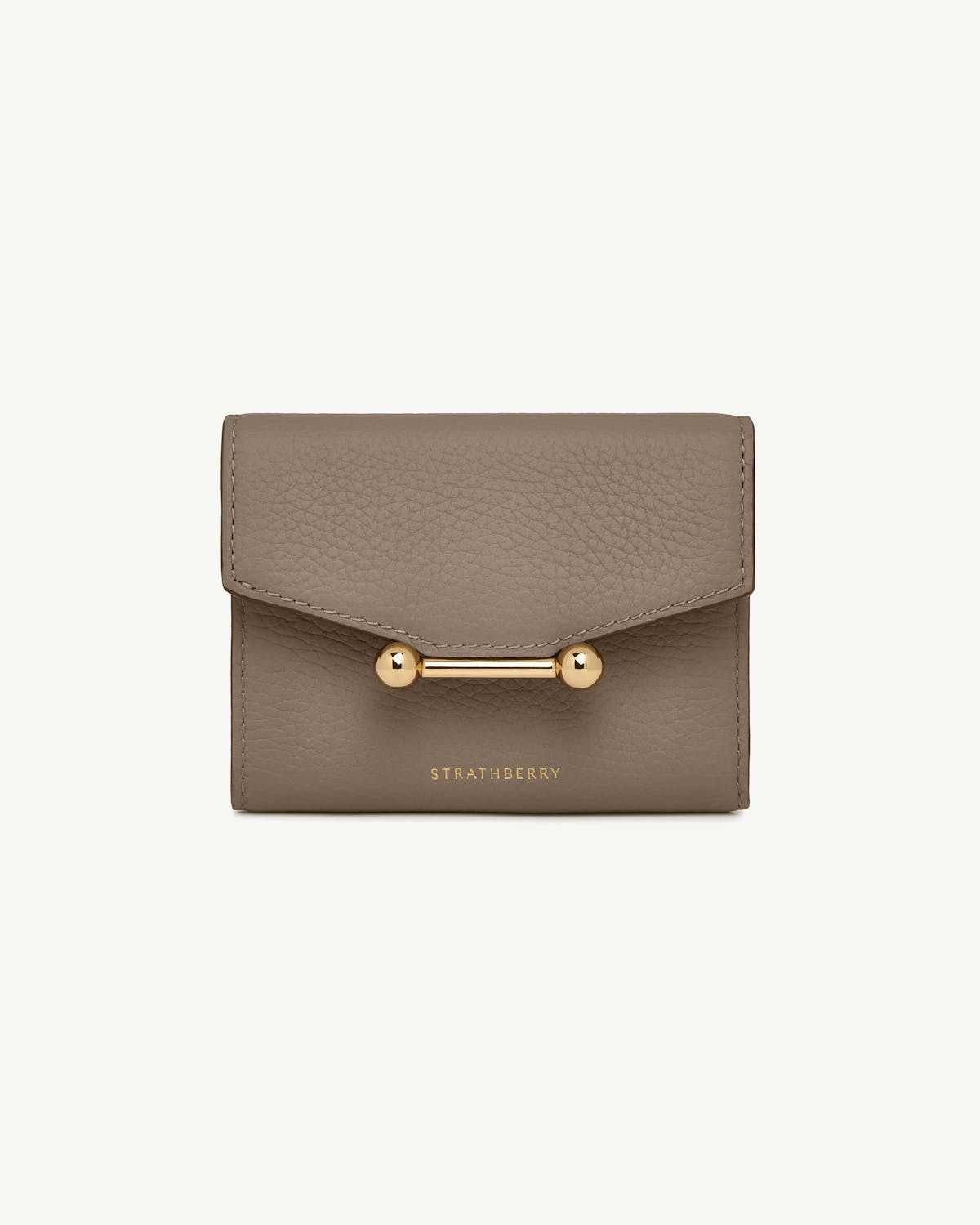 Strathberry taupe mosaic trifold wallet with gold bar closure, front view