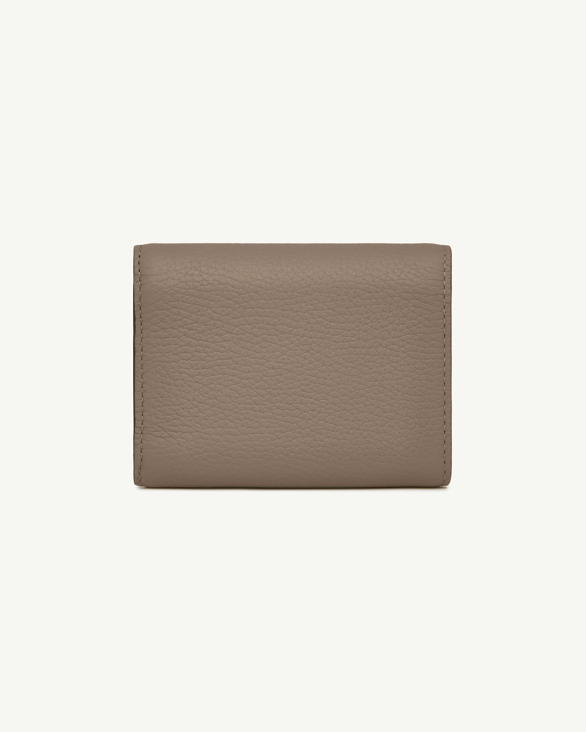 Closed taupe mosaic trifold wallet in pebbled leather with edge stitching.