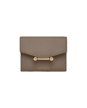 Taupe Strathberry mosaic trifold wallet in grained leather with gold bar fastening.