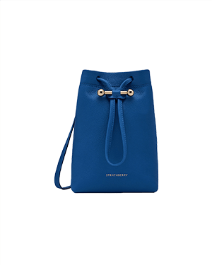 Strathberry true blue Osette midi pouch with drawstring, gold bar and thin strap