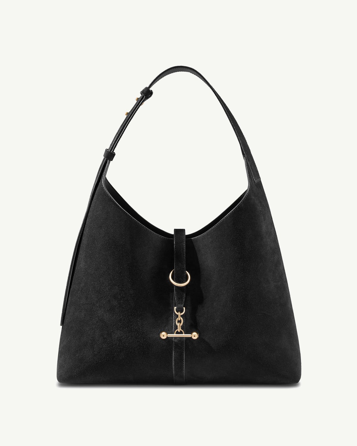 Black suede hobo bag with single shoulder strap, ring and gold T-bar fastening.