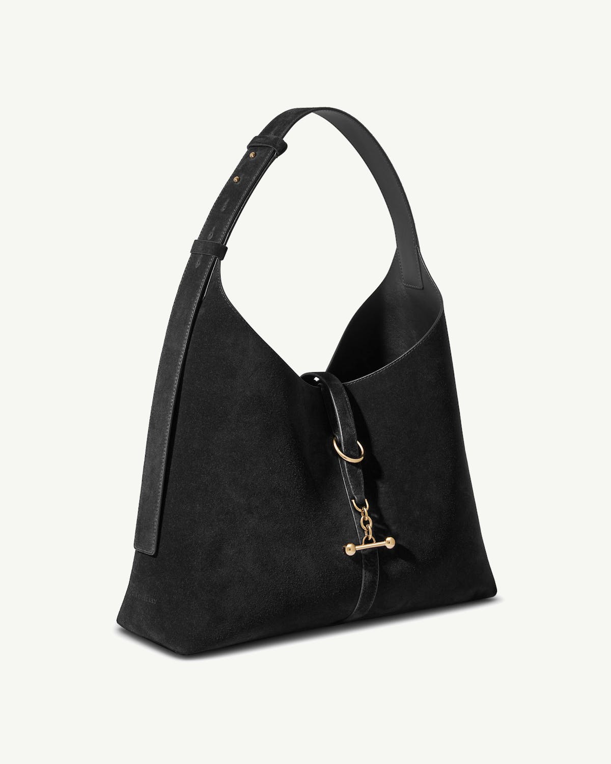 Black suede hobo bag with adjustable shoulder strap and gold T-bar hardware.