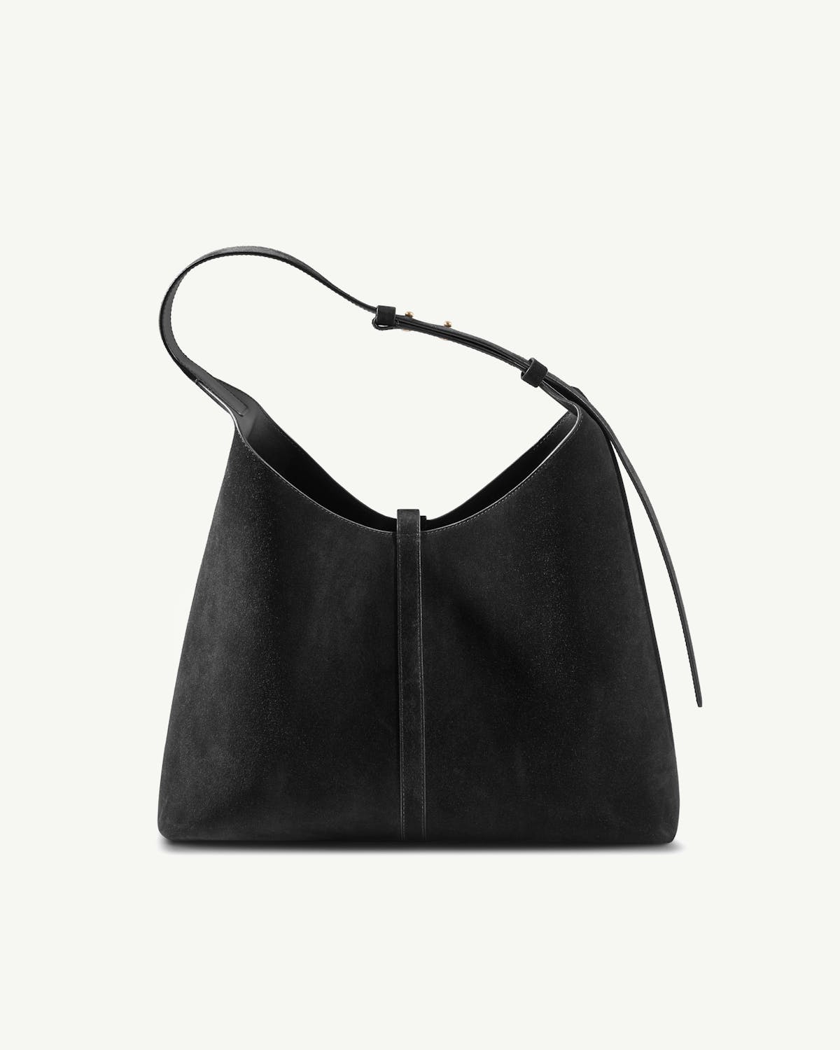 Black suede Kite Hobo Maxi bag with single shoulder strap and central seam.