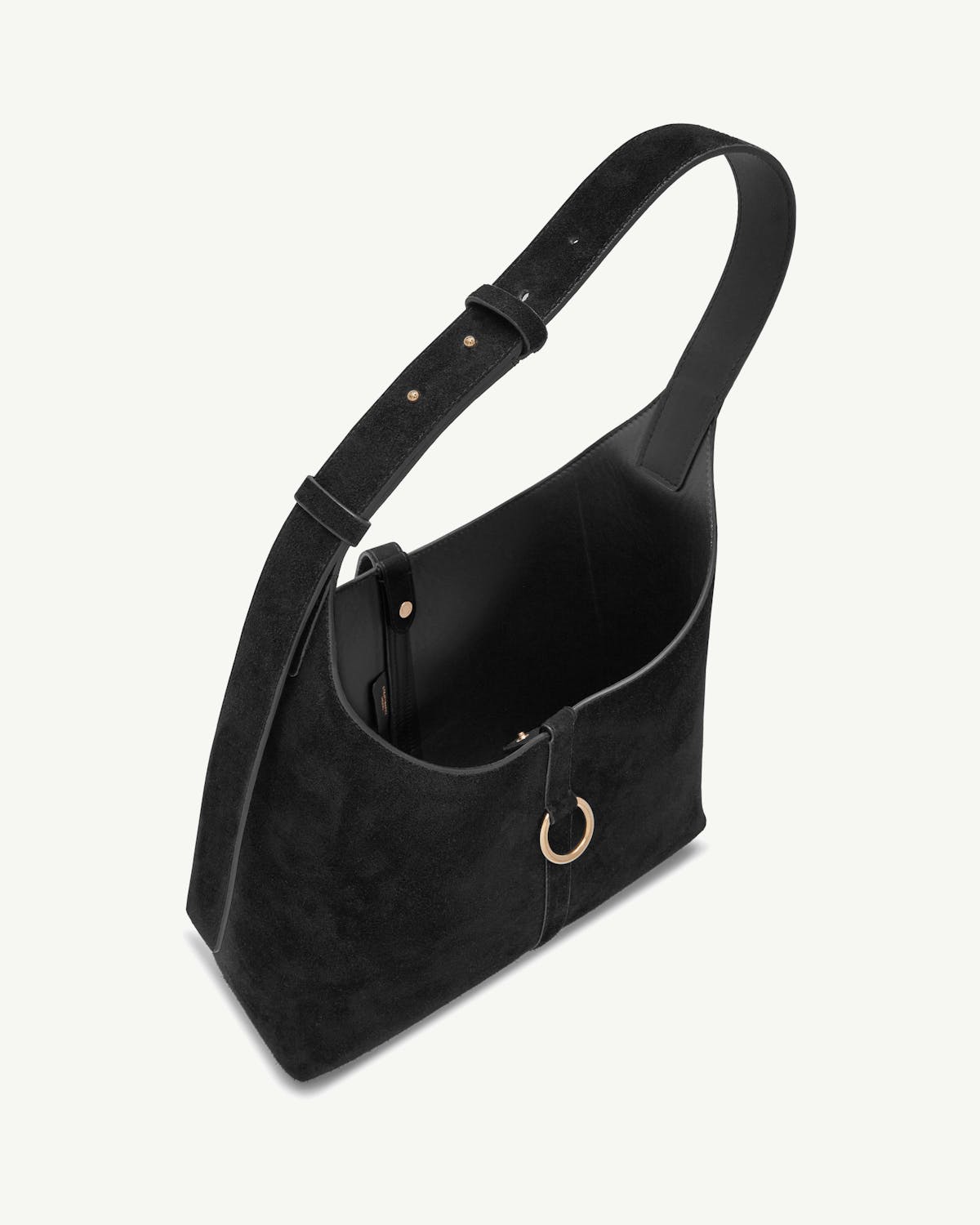 Black suede hobo bag with adjustable shoulder strap and gold ring detail.
