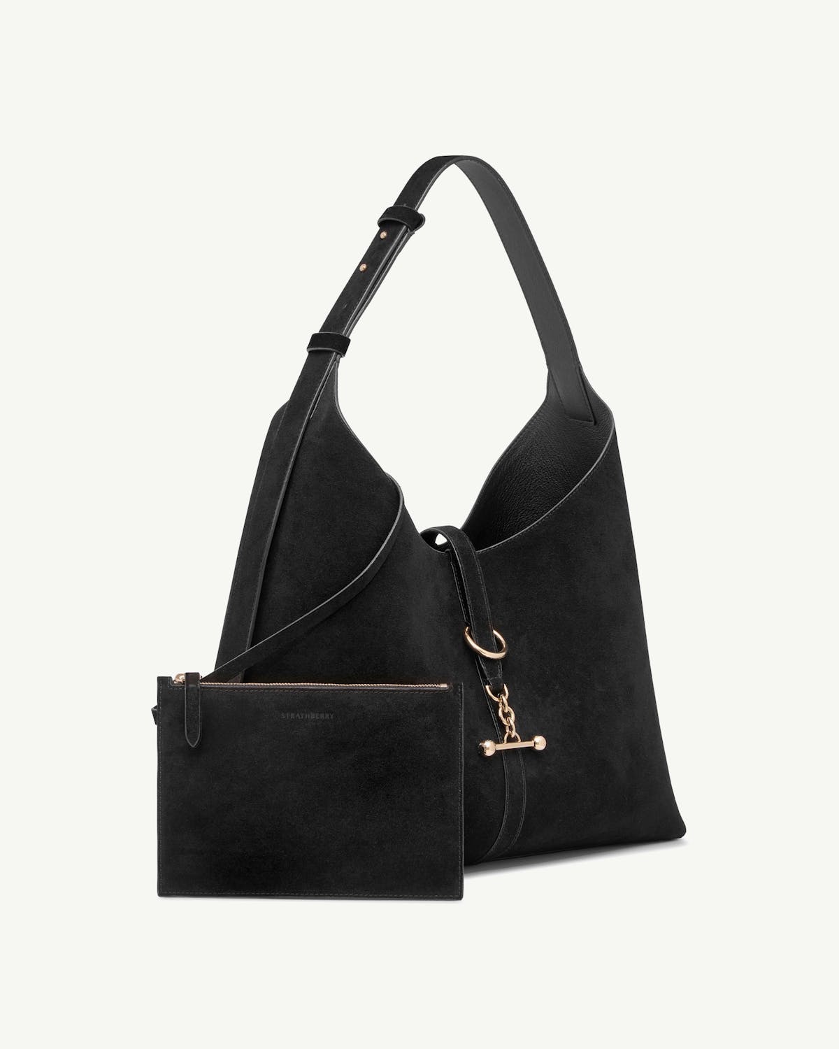 Black suede Kite Hobo Maxi with detachable pouch and gold T-bar hardware, Strathberry.