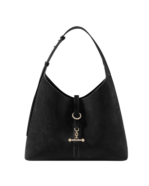 Black suede hobo bag with single shoulder strap and gold-tone clasp detail.