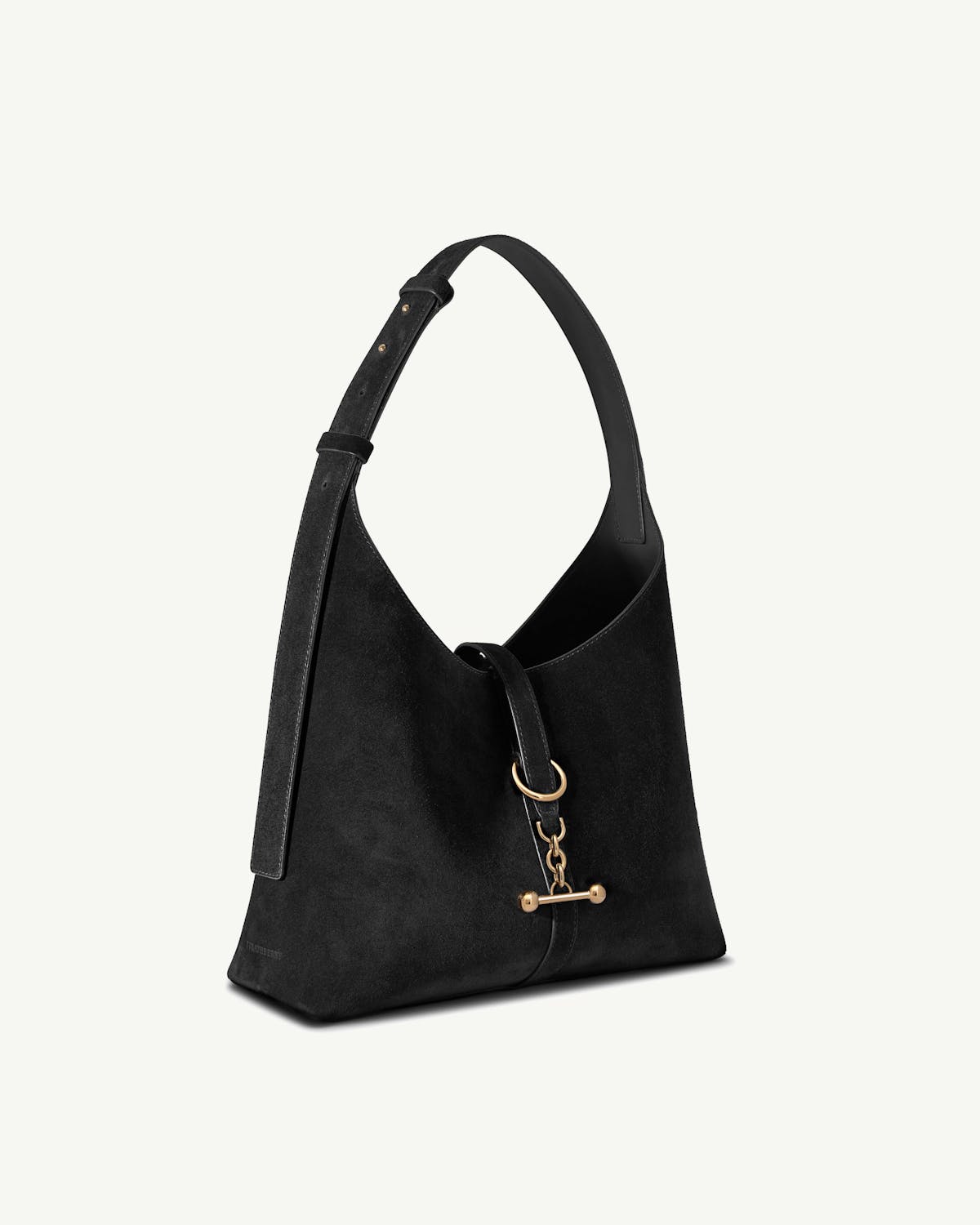 Black suede Kite Hobo bag with adjustable shoulder strap and gold bar closure.