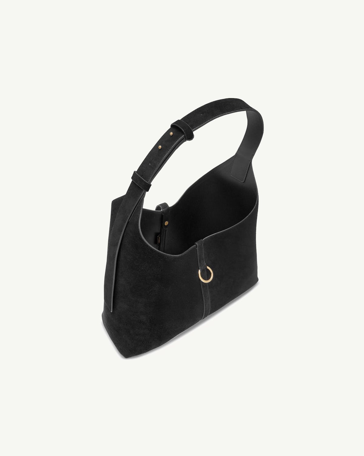 Black suede kite hobo bag with single shoulder strap and gold ring detail