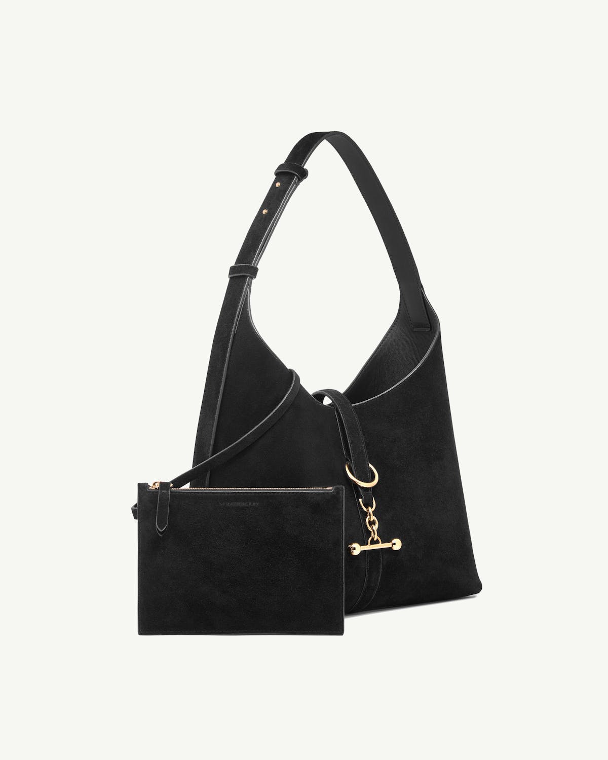 Black suede hobo bag with detachable zipped pouch and gold-tone hardware.