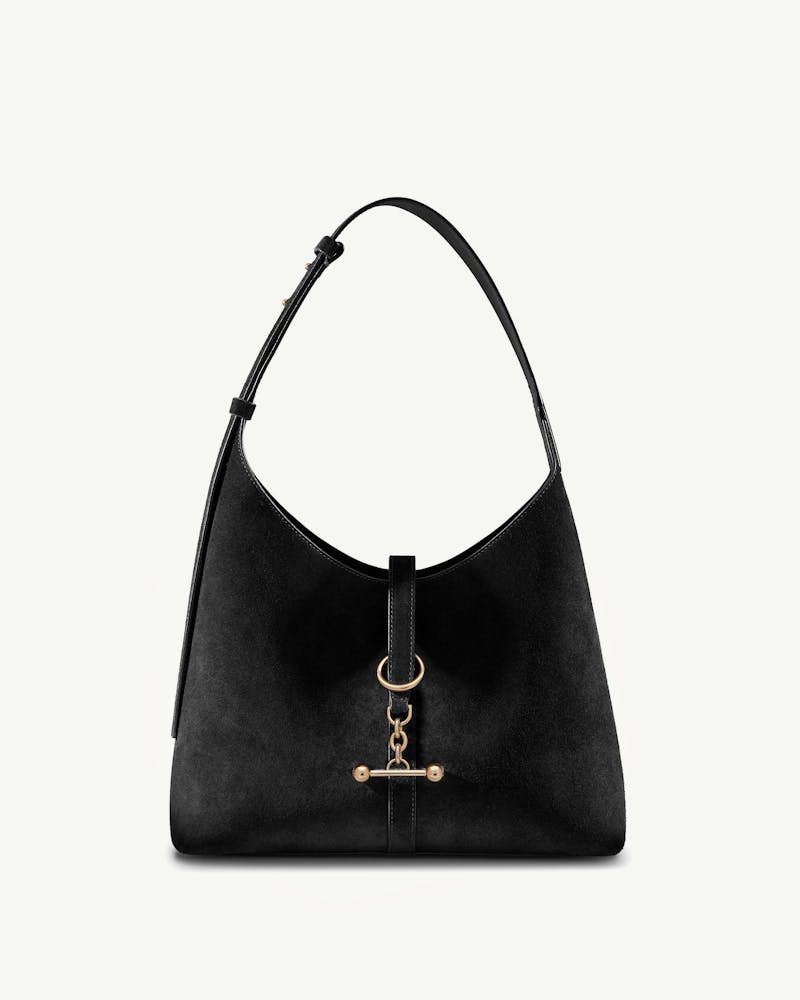 Black suede hobo bag with single shoulder strap and gold T-bar hardware.