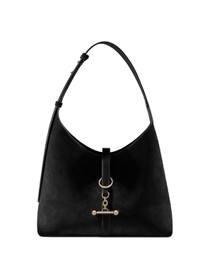 Black suede Kite Hobo shoulder bag with front tab, ring and bar fittings.