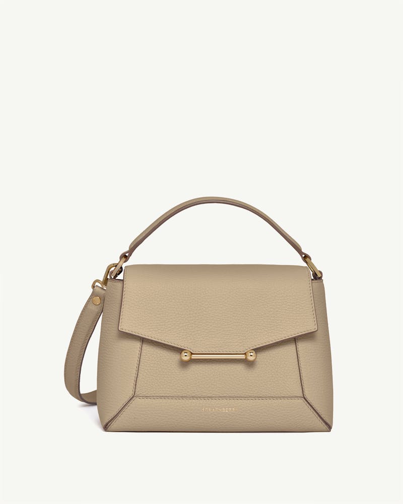 Sand Strathberry mosaic bag with top handle and shoulder strap, gold bar fastening.