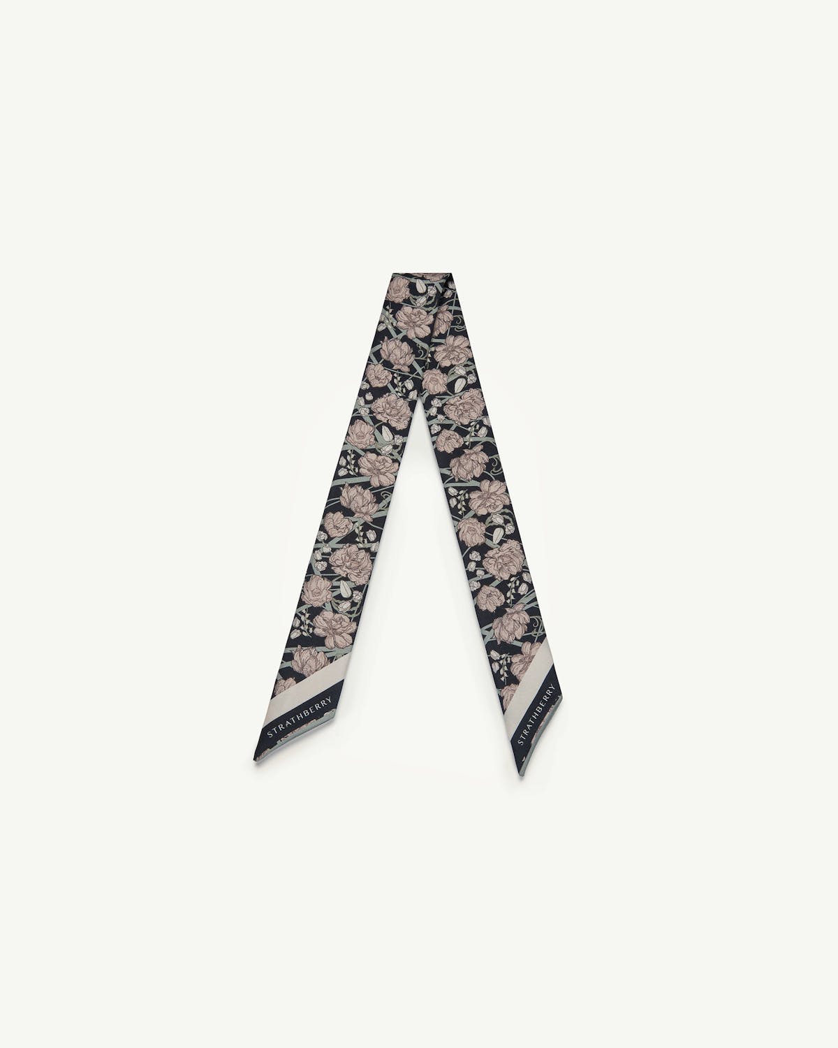 Black silk skinny scarf with oat-coloured floral print and Strathberry logo