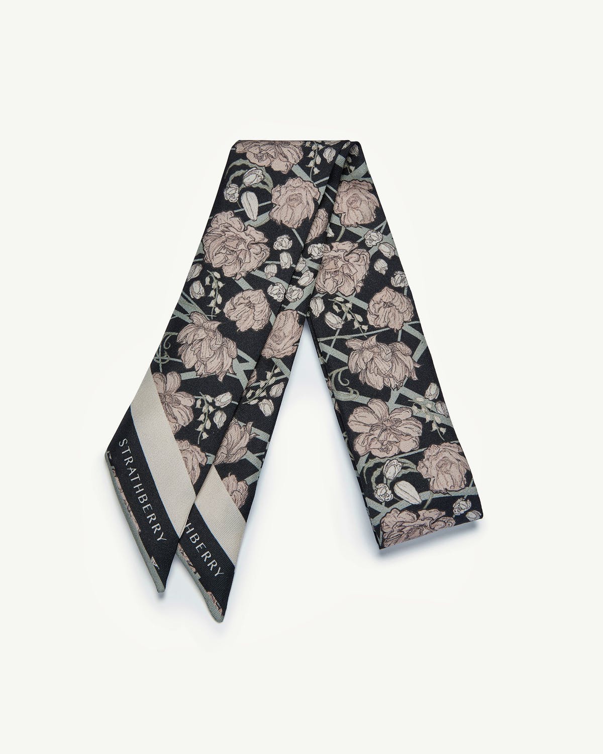 Black silk skinny scarf with oat floral print and Strathberry logo