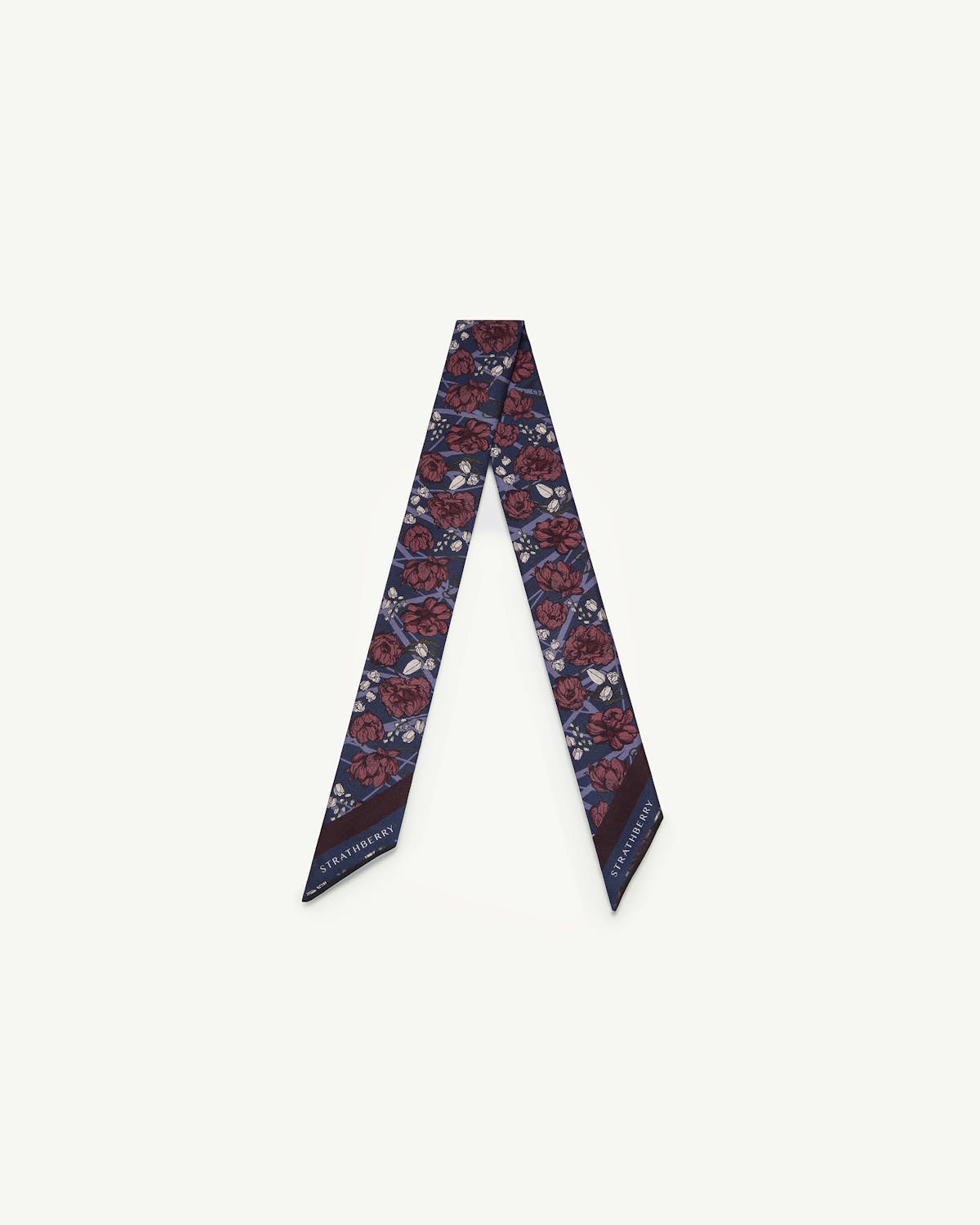Navy silk skinny scarf with burgundy floral print and Strathberry logo