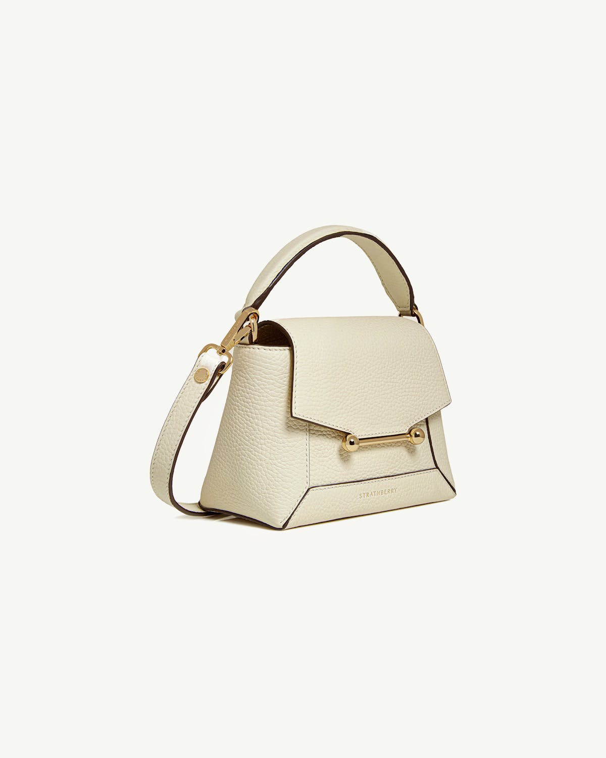 Strathberry vanilla leather Mosaic Nano top handle bag with gold bar detail