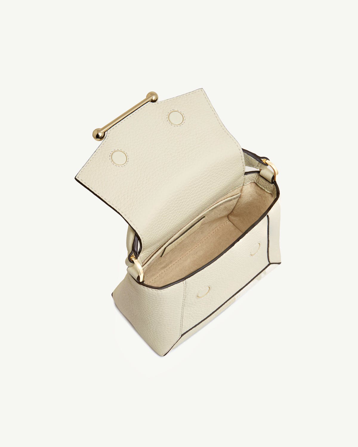 Vanilla Mosaic Nano bag open, showing suede-lined interior and gold hardware.