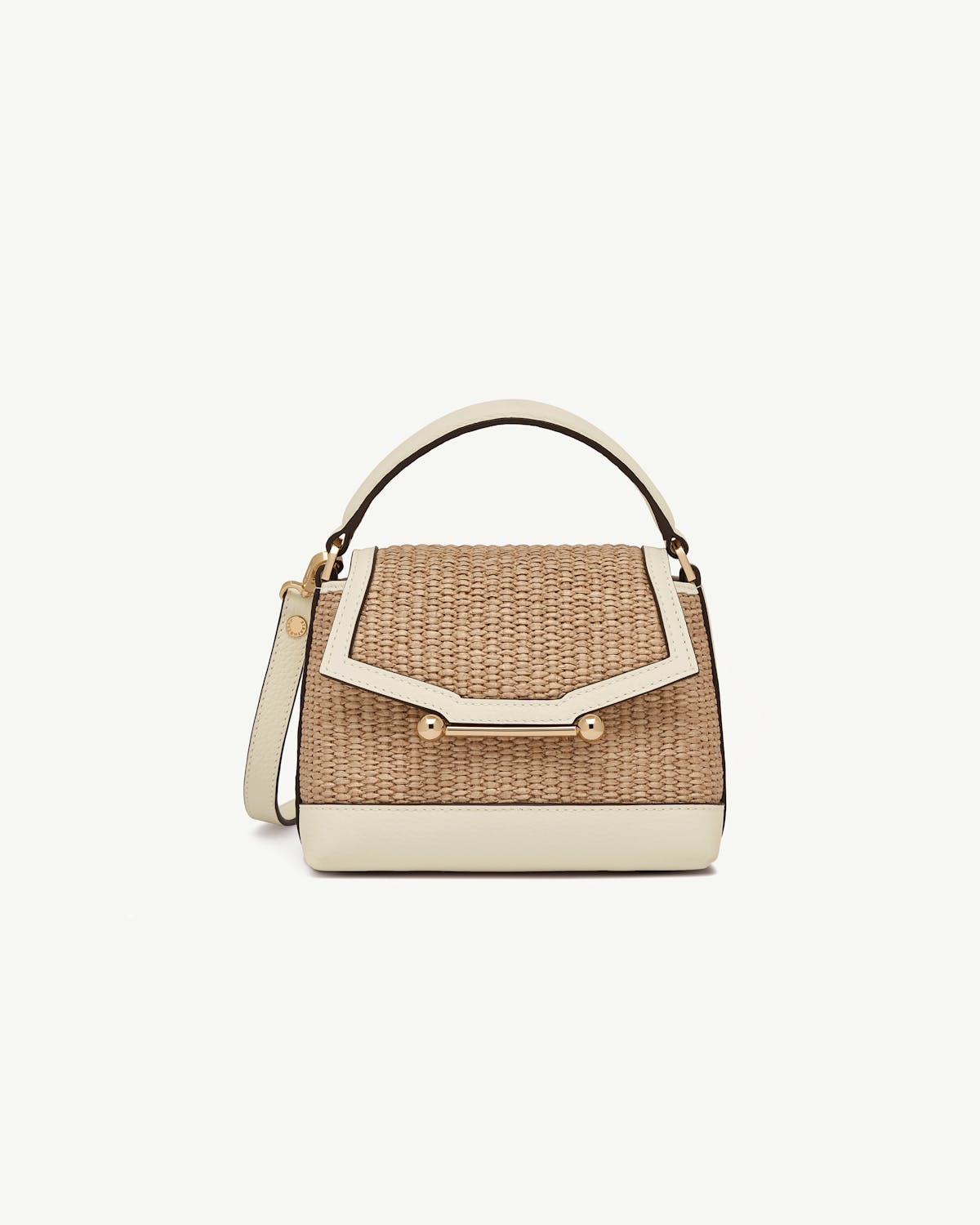 Vanilla leather-trimmed raffia top-handle bag with shoulder strap and gold bar hardware.