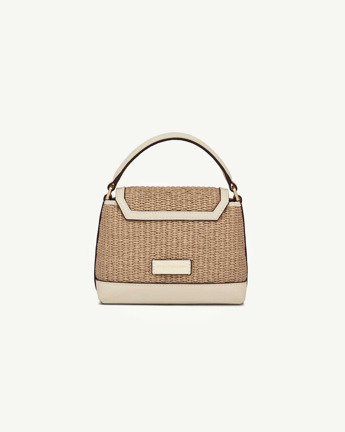 Strathberry Mosaic Nano bag in vanilla and natural raffia, top half visible.