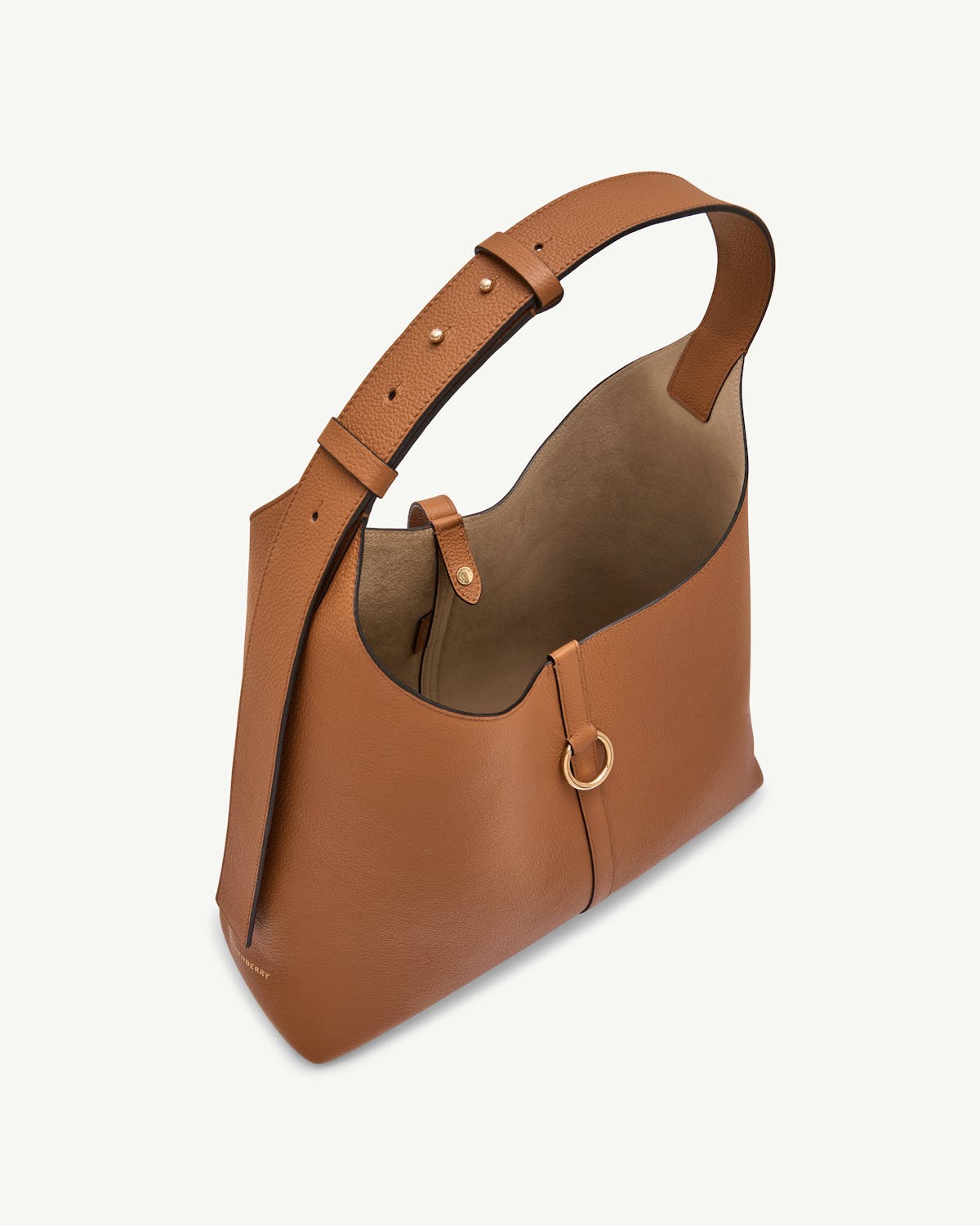 Tan leather hobo bag with adjustable shoulder strap, suede interior and gold ring.