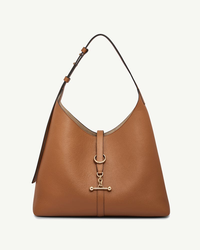 Tan leather hobo bag with single shoulder strap, gold ring and chain hardware.